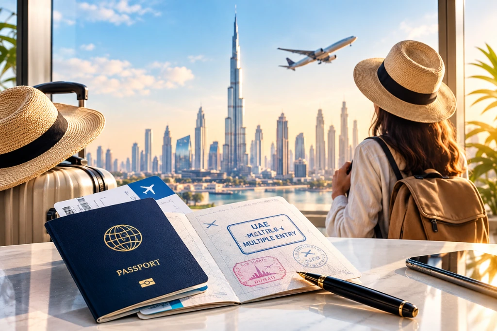 UAE multiple-entry tourist visa with Dubai skyline, passport and boarding pass