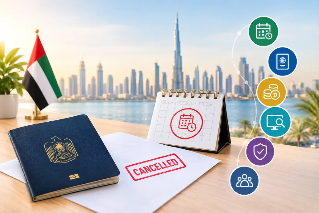 UAE visa cancellation grace period and overstay fine in Dubai